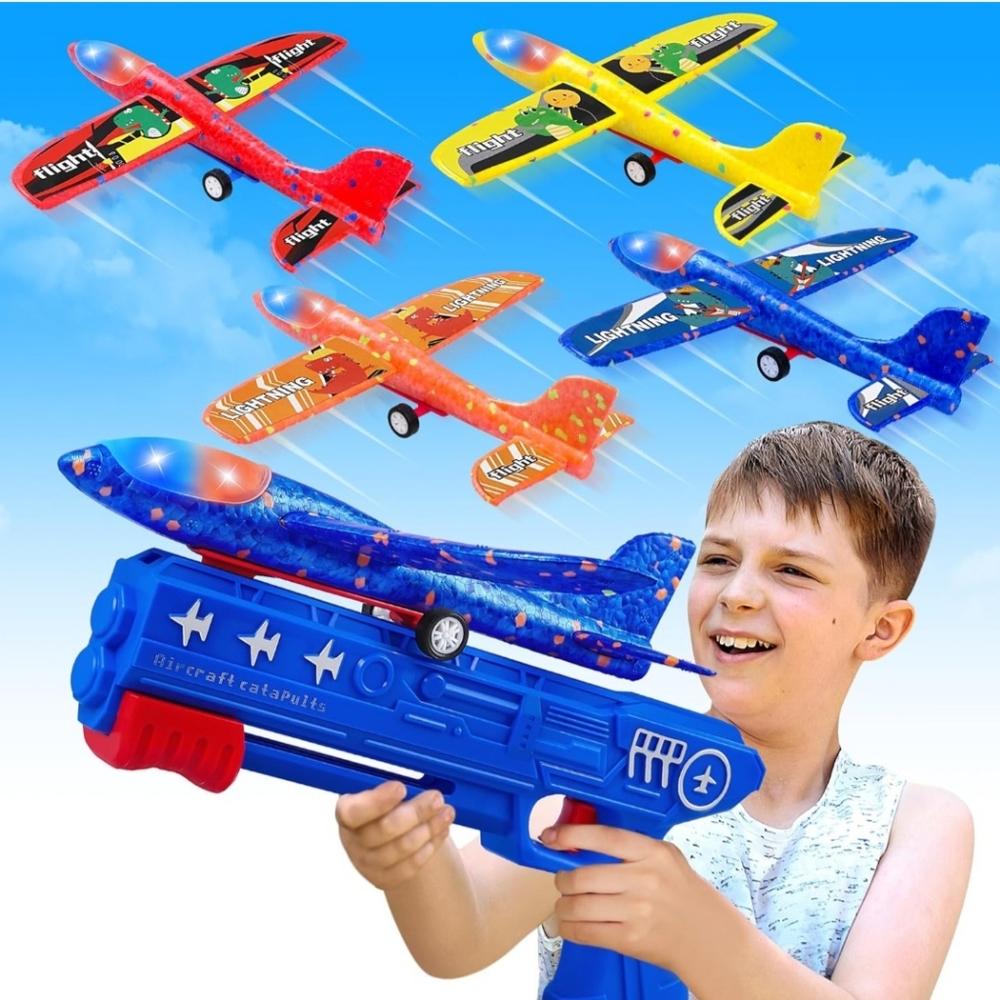 NIB 4 Pack Airplane Launcher Toys, 2 Flight Modes LED Foam Glider Catapult Plane